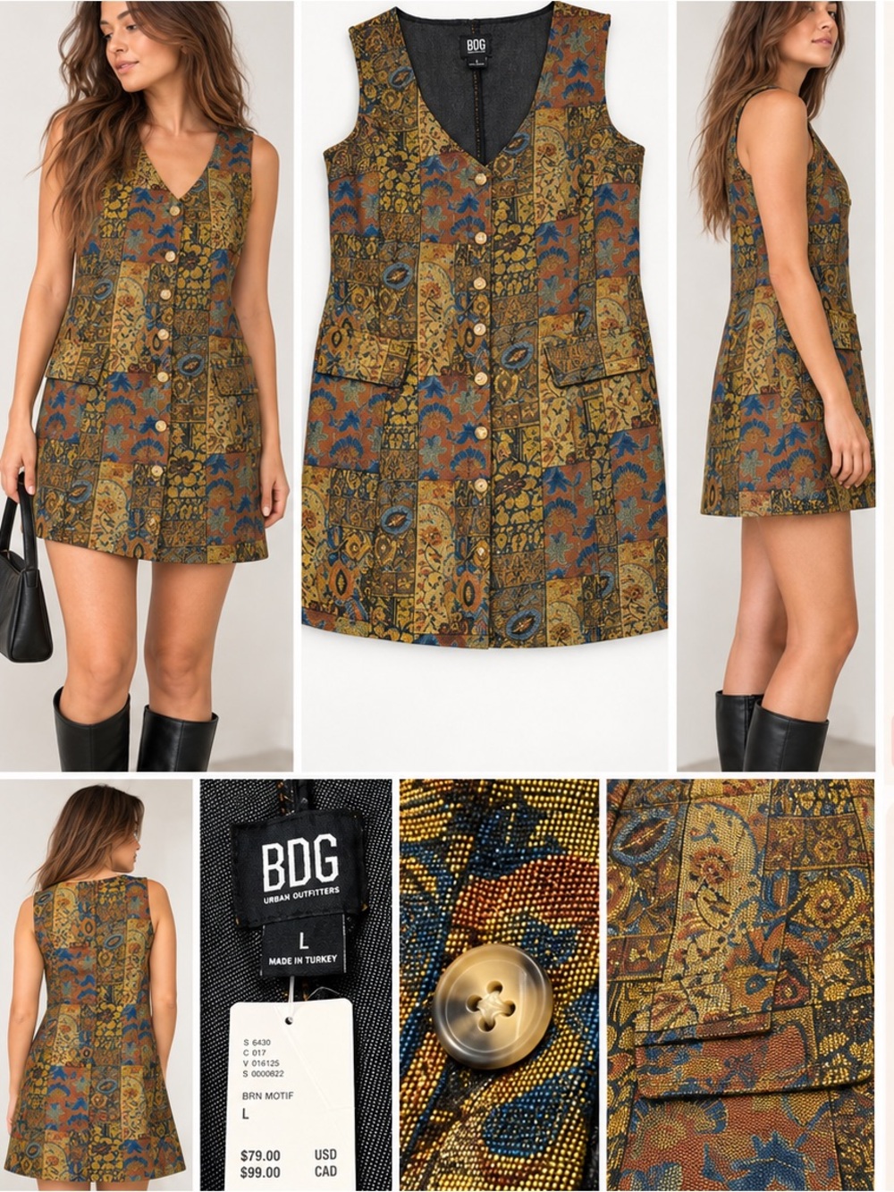 NWT BDG Urban Outfitters Olive Tapestry Print Button Front Retro Mini Dress L